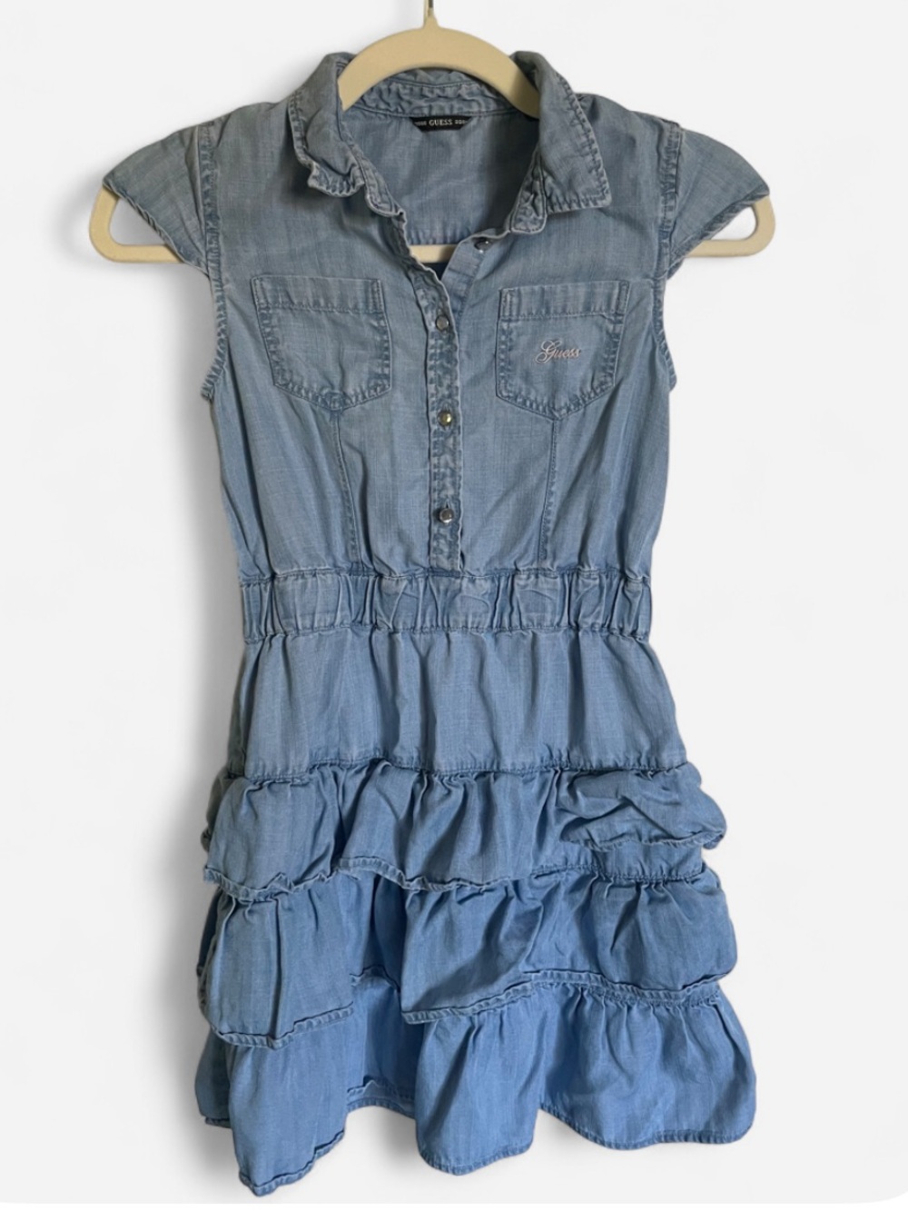Guess Kids Girls Tiered Ruffle Denim Chambray Dress Light Wash Size 10